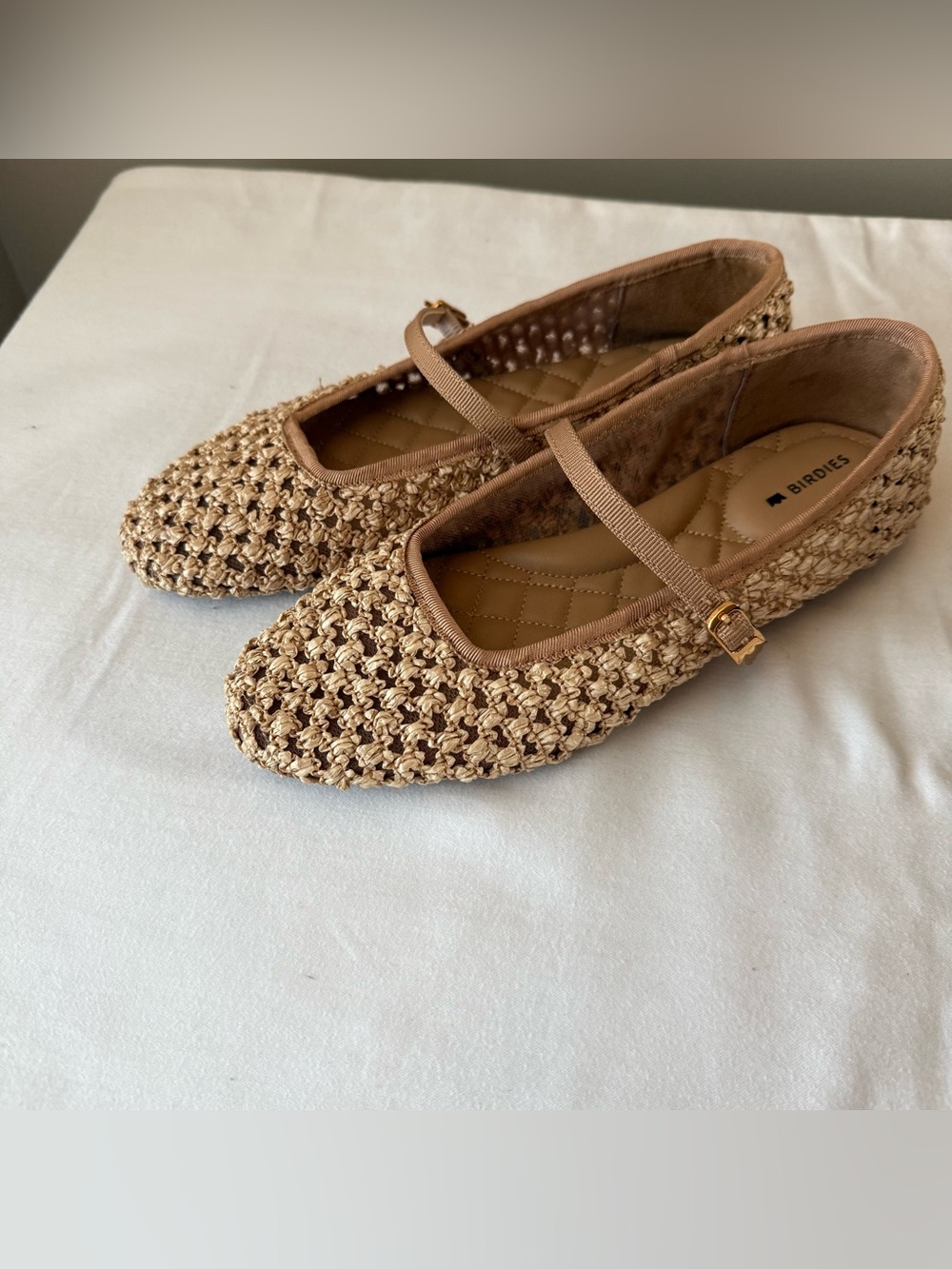BIRDIES The Hummingbird Tan Openweave Woven Mary Jane Flats Women's Size 6